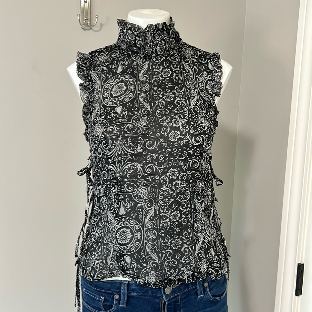 MOSCHINO Crepe Tie Side High Neck Sleeveless Top Black White Italy Sz 6